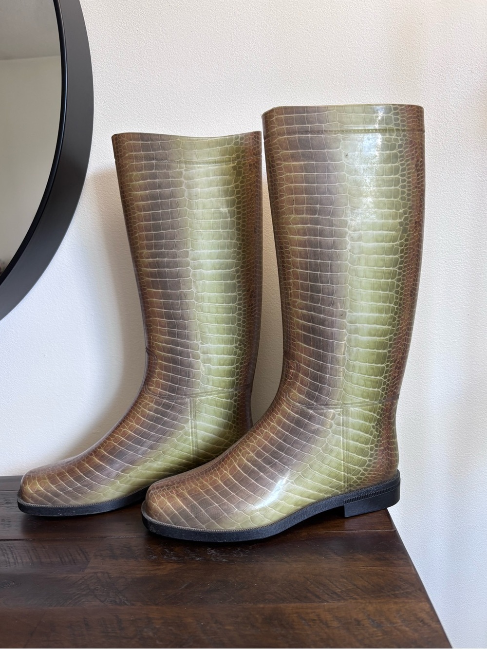 Crocodile-Embossed Green-Brown Tall Rain Boots Size 40 Made in Italy